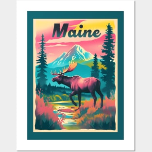Maine Moose Mountain Trees Nature Retro Wildlife Souvenir Posters and Art